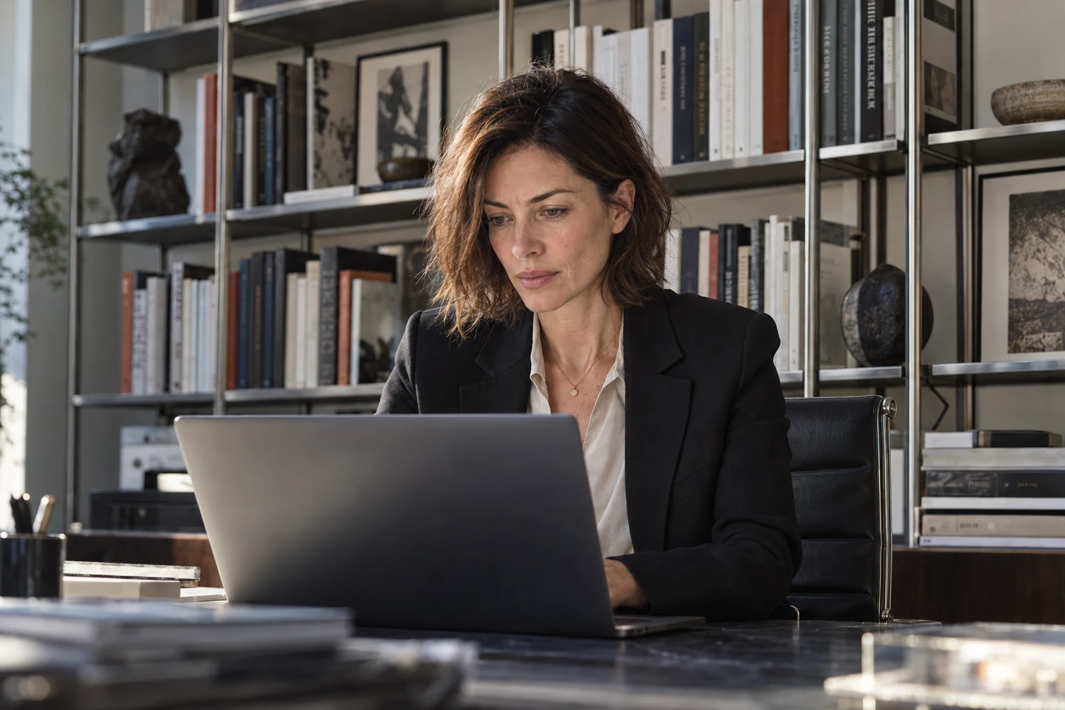 Une consultante travaillant sur son ordinateur portable dans un bureau