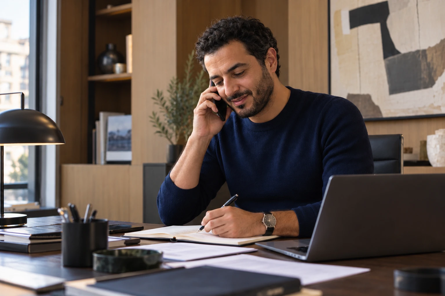 Un homme au téléphone prenant des notes dans son bureau, devant son ordinateur portable
