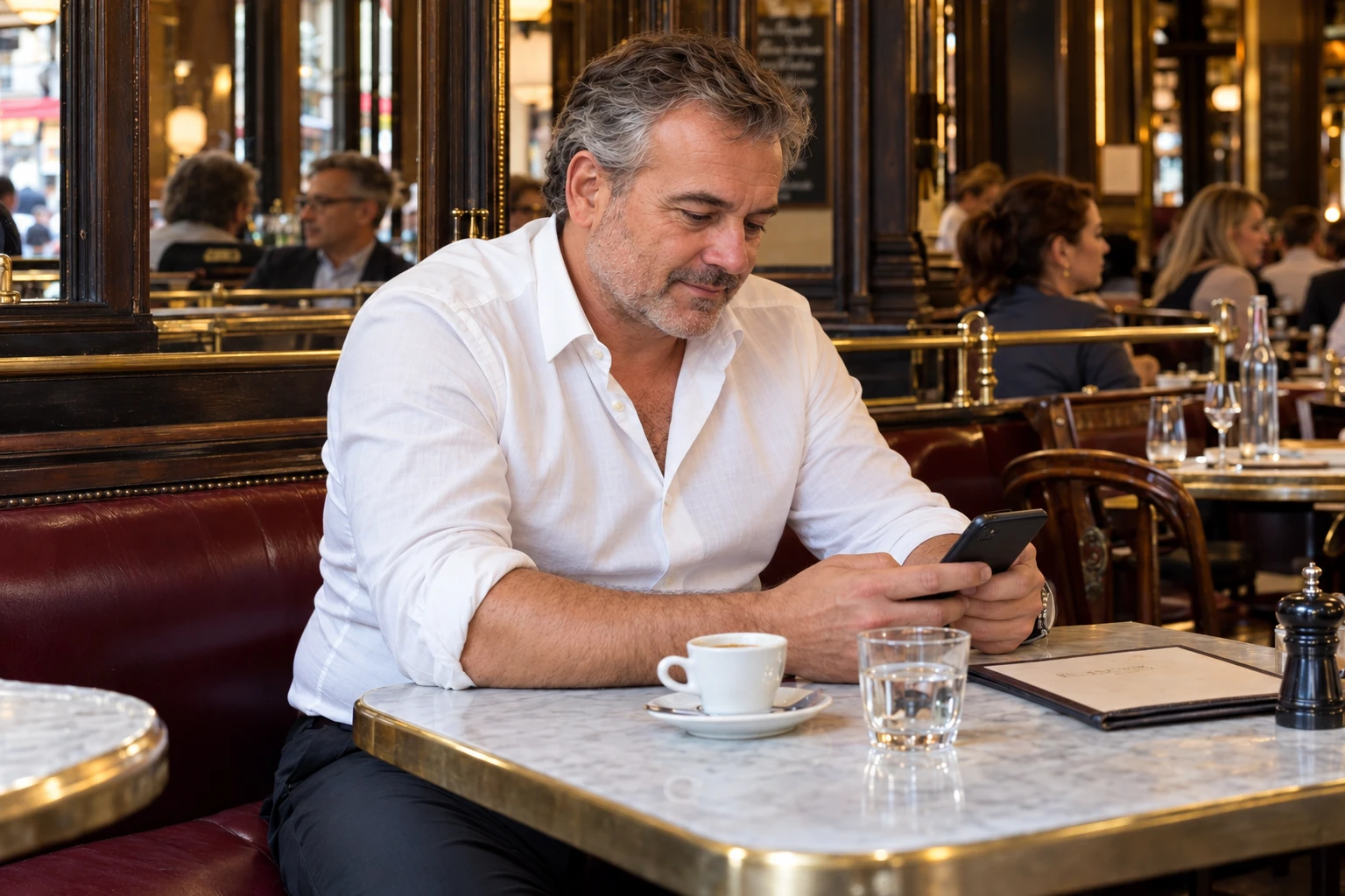 Un homme consultant son téléphone à la terrasse intérieure d’un café
